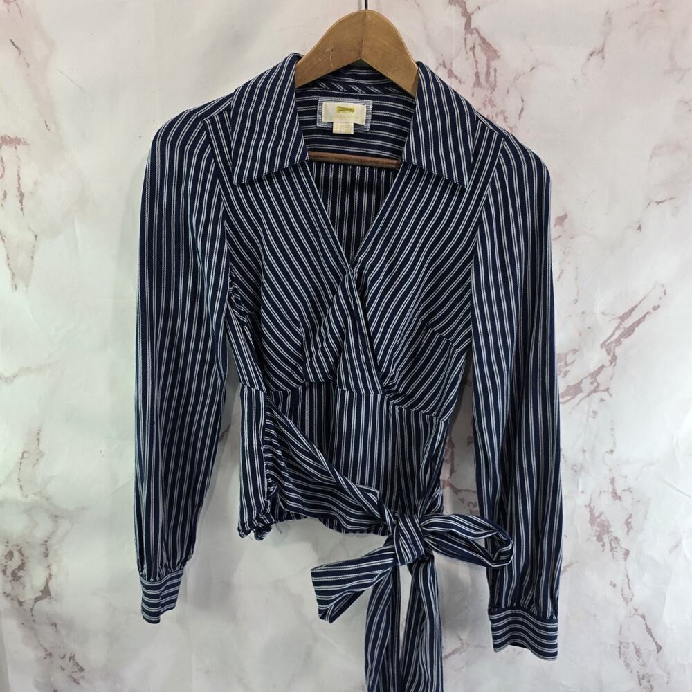 Anthropologie Shirt Womens XS 0 Navy White Pinstripe Crop Tie V Bow Faux Wrap